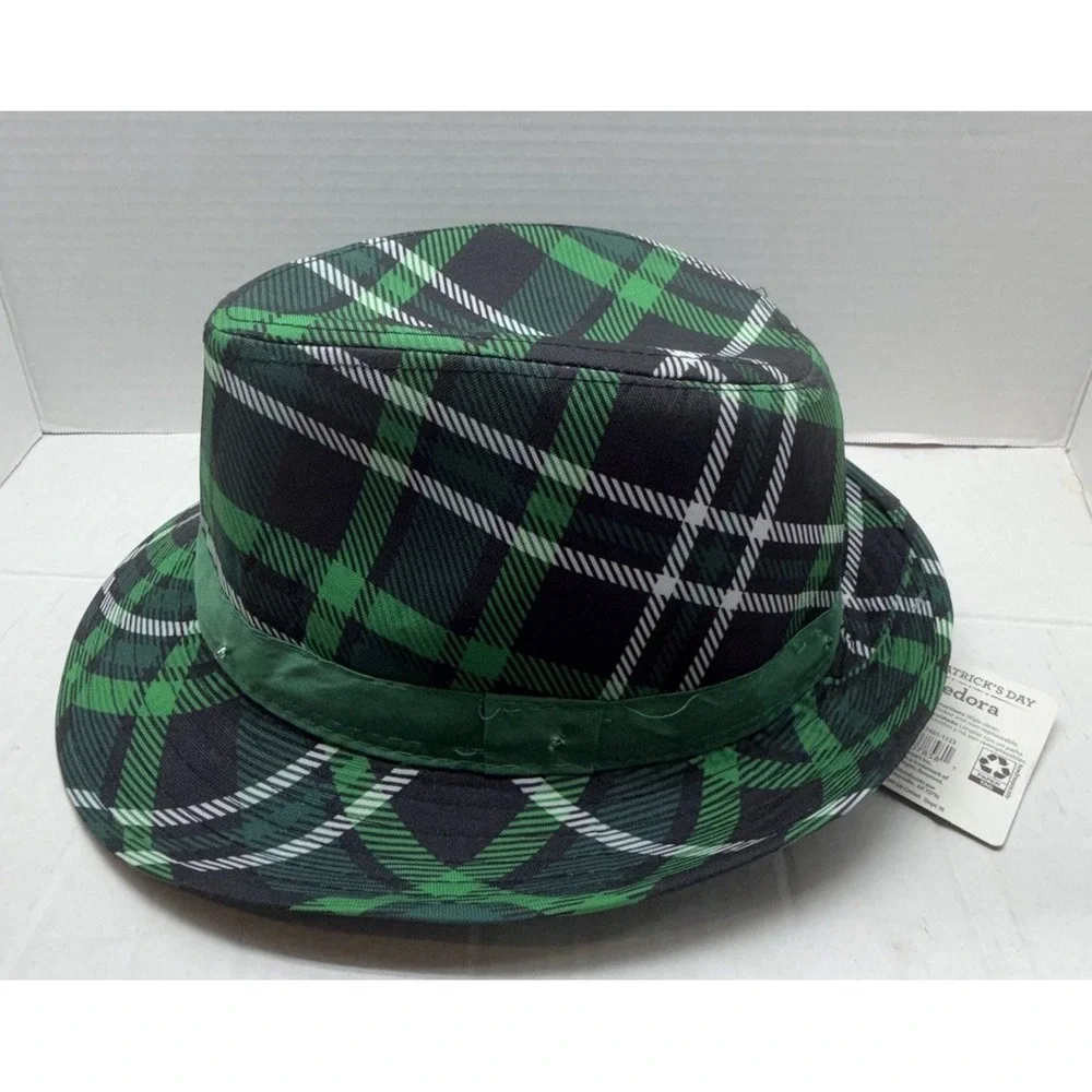Light Up St. Patrick's Day Fedora Hat Green Plaid LED Party Costume